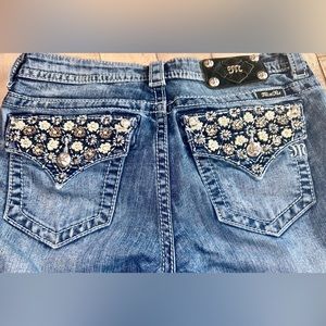 🎀 Miss Me Bootcut Blue Jeans with Embellished Flower & Rhinestone Back Pockets